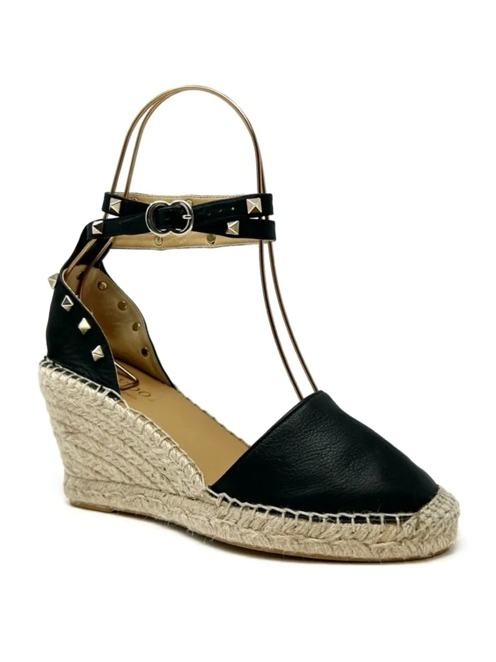 Maypol Studded Leather Wedge Espadrilles Size 39/ Black Leather Gold Studs